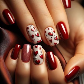 LPOODDNU Valentine’s Day Press on Nails Short Glossy Red Heart Fake Nails Full Cover 3D Diamond Red Valentine’s Glue on Nails Square Shape Acrylic Nails Press ons Valentine Stick on Nails for Women