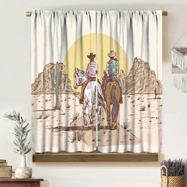 Vintage Rustic Cowboy Curtains, Wild Western Art Colorful Draw Sunset Desert Cactus Horse, Thermal Insulation Blackout Rod Pocket Window Treatments for Living Room Bedroom Kitchen Bathroom 42x45 Inch