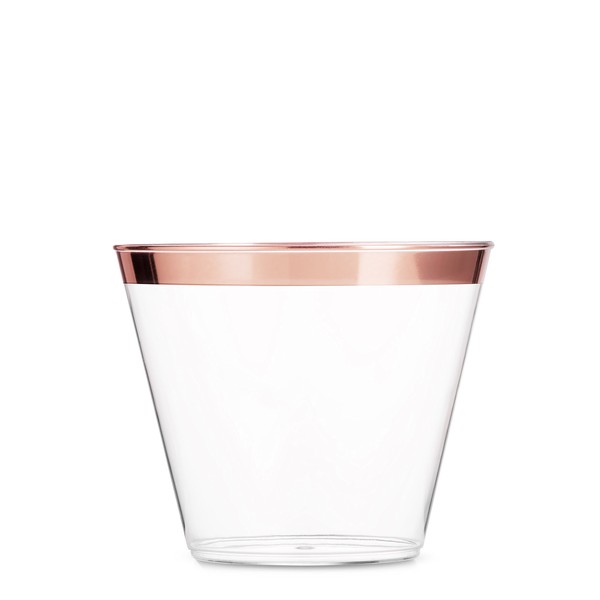 100 Rose Gold Plastic Cups 9 Oz Clear Plastic Cups Old Fashioned Tumblers Rose Gold Rimmed Cups Fancy Disposable Wedding Cups Elegant Party Cups with Rose Gold Rim