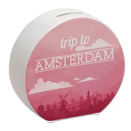 Money Box with Beautiful Motif and Text – Trip to Amsterdam in Red Money Box for the Next City Trip to Amsterdam as a Gift for People Who Like to Travel Around the World