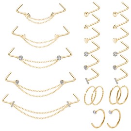 20G Nose Ring Nose Piercing Chain Stainless Steel Across Nose Nostril Jewelry with CZ Nose Hoop Bone Screw L Shaped Nose Ring Stud for Women Men High Nostril Bridge Nose Jewelry (Gold Mixed Double Nose Chain Studs-2)