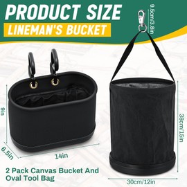 SilTriangle 2 Pack Canvas Bucket and Oval Tool Bag, Bucket Tool Organizers with Plastic Bottom Metal Hook for Lineman Organizing Accessories