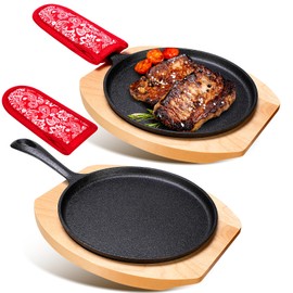 Mimorou 2 Sets Cast Iron Skillet Round Fajita Pan 7.87 Inch Fajita Plate Sizzler Pan with Wooden Base and Anti Scald Protection Hot Mitt for Kitchen BBQ Home Party Restaurant Catering Service