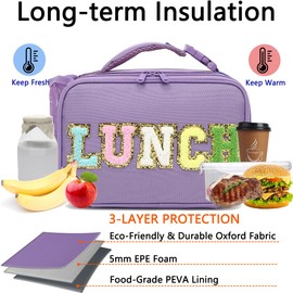 GYEUKHAM Insulated Lunch Box for School, Thermal Reusable Durable Freezable Lunch Bags for Kids Boys Girls Men Women - Small Soft Cooler Portable Lunch Tote Kit for Work Picnic Travel,Purple Alphabet