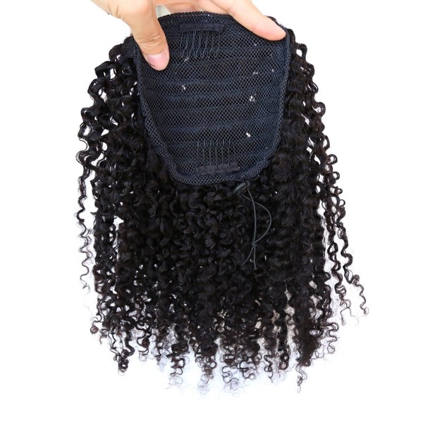 ZigZag Hair Afro Kinky Curly Clip-in Top Closure Ponytail Brazilian Virgin Human Hair African American Human Virgin Hair Extension 4B 4C Drawstring Puff Hairpiece (14inch, 3B 3C)