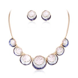 Flyonce Costume Statement Jewlery Sets for Women Bridal Wedding Jewelry Gifts, Blue Enamel Round Disc Necklace and Earrings Set for Cocktail Prom Party