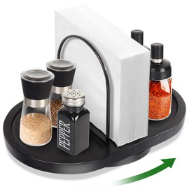 Napkin Holder for Table, Rotating Standing Napkin Dispenser with Salt and Pepper Shakers Caddy Placing Space, Rustic Metal Caddy Napkin Storage for Table Kitchen Countertop, Dining Table Decor(Black)
