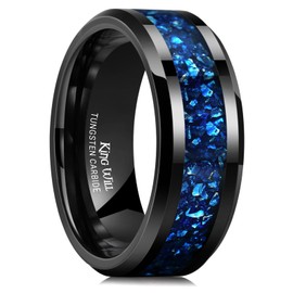 King Will Meteorite Tungsten Rings for Men 8mm Blue Opal Inlay Wedding Bands Black Plated Polished Beveled Edge Engagement Anniversary Comfort Fit Size 11
