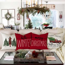 ZWJD Christmas Cushion Cover, 50 x 50 cm, Set of 4 Cushion Covers, Red Christmas Cushion, Pine Motif Cushion Covers for Christmas Decoration, Indoor, Sofa, Bedroom, Decorative Cushion