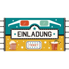 CardWheels 12 Invitation Cards Cinema + 13 Free Stickers - Girls Boys / Cinema Party Film Popcorn Party Bag Cards Birthday