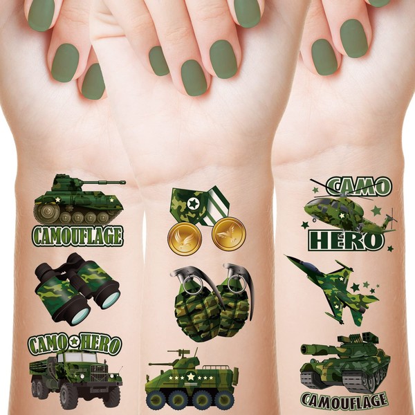 144 Sheets Camouflage Tattoo Camouflage Army Party Favors Military Tank Helicopter Fake Tattoos Stickers for Men Boys, 9 Styles