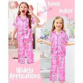 Sylfairy Girls Satin Pajamas Silk PJS Set Pink Cat Sleepwear Short Sleeve Long Pants Jammies for Toddler Kids Size 6