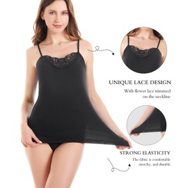 Womens Tank Top Camisoles with Premium Cotton Italian Design - Trimmed with Flower Lace on Neckline (928-Black, M)