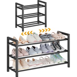 Detsuk 3-Tier Expandable Shoe Rack – Adjustable Heavy-Duty Metal Shoe Organizer Shelf for Closet, Entryway, Mudroom & Garage – Durable Freestanding Storage, Black