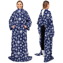 PAVILIA Snowflake Blue Fleece Wearable Blanket with Sleeves for Adults Women Men, Soft Warm Full Body Wrap Throw, Sweatshirt Pocket, Cozy Pullover Robe Blanket with Arm, Gifts for Christmas Mom Wife