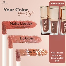 Trío de labios: lápiz labial mate de larga duración a prueba de manchas, brillo de labios vibrante y aceite de labios hidratante; aceite de jojoba; vitamina E; regalo navideño; set de cuidado y