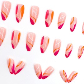 Rose Red French Tip Press on Nails Almond Medium Fake Nails Press ons Lines Glue on Nails Light Pink Full Cover False Nails Glossy Artificial Acrylic Nails for Girls 24Pcs