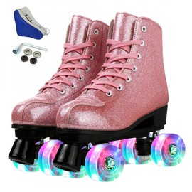 XUDREZ Roller Skates for Women Men Shiny Holographic High Top PU Leather Rollerskates for Beginner Classic Double-Row Roller Skates Four Wheels Skates (Pink Crystal,Flash Wheel,42)