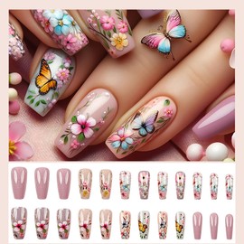 Spring Pink Press on Nails Medium Coffin Fake Nails Flower Stick on Nails Cute Butterfly Glue on Nails Glossy Acrylic False Nails Full Cover Artificial Nails Reusable Nails Kit for Women Girl 24Pcs