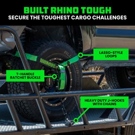 Rhino USA Car Tie Down Straps with J Hooks – 4 Pack 2" x8' – 10,000lbs Break Strength – Heavy Duty T-Handle Car Hauler Tire Lasso Wheel Straps for Trailers, UTV & Powersports – Green