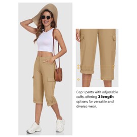 MoFiz Womens Cotton Capris Pants Hiking Roll up Convertible Cargo Capris Lightweight Travel Outdoor Relaxed Fit Cropped Pants Khaki XS