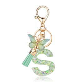 OKAICEN Fashion Alphabet Initial Letter Keychain Green Tassel Butterfly Pendant Key Ring for Purse Handbags Women Girl('S')