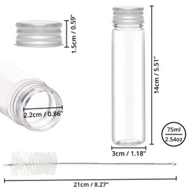 Kurtzy 25 Pack Clear Plastic Test Tubes with Screw Caps & Cleaning Brush - 75ml - Reusable Transparent Container Tubes for Candy Storage, Scientific Party, Liquids, Bath Salts, Beads & Flowers