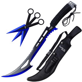 26" Fantasy Tactical Machete with 3 Fixed Blade Knives Set. 440 Stainless Steel Blade. for Collection, Gift and Outdoor Sport Activitve (Blue)