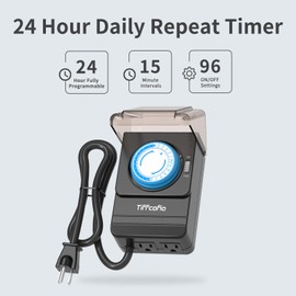 TiFFCOFiO Outdoor Heavy Duty Mechanical Timer Outlet Waterproof, 15 Minutes Intervals, 24 Hour Outdoor Pool Pump Timer with 2FT Cord, 2 Grounded Outlets for Outdoor Lights, 15A/1875W