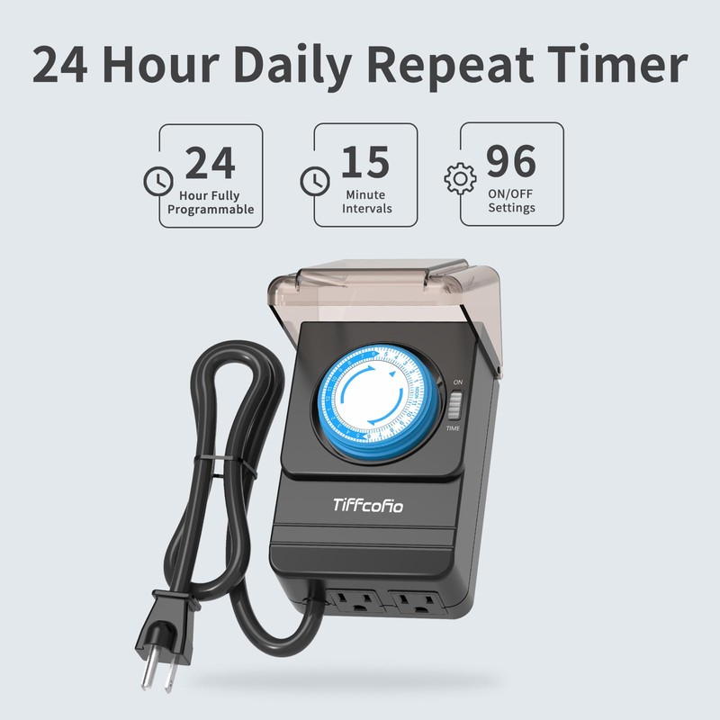 TiFFCOFiO Outdoor Heavy Duty Mechanical Timer Outlet Waterproof, 15 Minutes