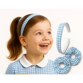 Girls Gingham Hair Set - Light Blue School Headband & 2 Matching Scrunchies | Back to School Hair Accessories | Classic Check Pattern | Ideal for Primary Uniforms | 3-Piece Pack for Girls