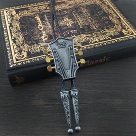 QUKE Mens Native Western Cowboy Country Music Guitar Head Bolo Tie Genuine Leather