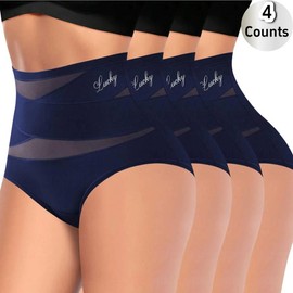 4-Pack/Set High-Waist Shaping Panties for Women- Seamlesslce Silk Mesh Control Briefs, Tummy slimming & Butt LiftingUnderwear Breathable Everyday:_BLue 4pcs_XXXL