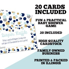 Polka Dot Blue & Gold Themed Diaper Raffle Tickets for Boy Baby Showers, 20 2" X 3” Double Sided Insert Cards for Games by AmandaCreation, Bring a Pack of Diapers to Win Favors & Prizes!