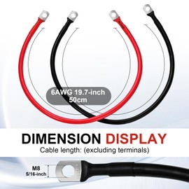 Nicholaus 6AWG 19.7-Inch (50cm) Battery Cable Set (1 Positive & 1 Negative), 5/16" M8 SC25 Large Terminals, 6 Gauge Pure Copper Battery Cables, Inverter Cable, for Car, Solar, Marine, Lawn Mower.