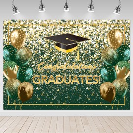 Mocsicka 2025 Graduation Backdrop Glitter Balloons Bachelor Cap Congratulations Graduates Party Decorations Background Class of 2025 Graduation Photography Backdrop (Green, 8x6ft)
