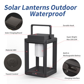 Solar Lantern Outdoor Table Lamp, Portable Rechargeable Solar Lamp Waterproof, 3-Level Brightness LED Nightstand Lantern, Touch Control Outdoor Lamps for Patio Reading Camping