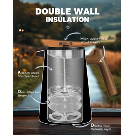 POLIVIAR French Press Coffee Maker, 34 oz Coffee Press with Real Wood Handle, Double Wall Insulation & Dual-Filter Screen, Food Grade Stainless Steel for Good Coffe and Tea, JX2025-XFPB