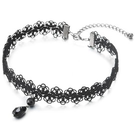 Gothic Victorian Nostalgic Black Lace Tattoo Choker Necklace with Black Teardrop Beads(CA)
