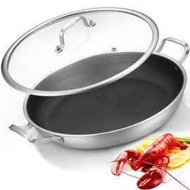 Yeksum Tri-Ply Stainless Steel Paella Pan,13.5 Inch Nonstick Large Skillet,18/10 Paella Pan with Lid,Jumbo Cooker,Induction Pan,large stainless steel pan for Outdoors,Camping,Parties | 8 Servings |