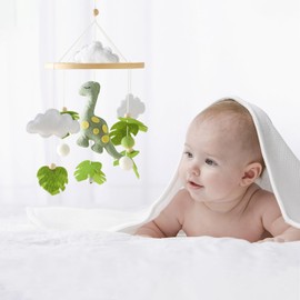 Promise Babe Baby Mobile Dinosaur for Cot,Wood Felt Clouds Dinosaur Baby Mobiles Handmade Crochet Cute Animal Dino Cot Mobiles Nursery Newborn Boy Girl Bed Bell Hanging Deco Nursery Mobiles for Babies