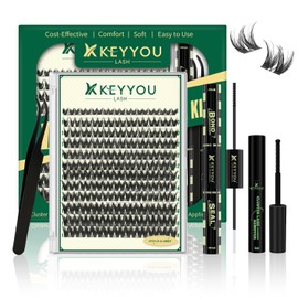 KEYYOU Lash Clusters Kit 120pcs 8-18mm Mix, DIY Eyelash Extension Kit with Bond and Seal, Eyelash Glue and Tweezers for Volume Fluffy Lashes at Home (KY01)