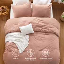 Bedsure 5 Pieces Cotton Comforter Set with Cotton Waffle Throw Blanket - Pink Clay Queen Comforter, Pillow Shams, White Cooling Blanket of Rayon Derived from Bamboo for Hot Sleepers, Throw Pillow