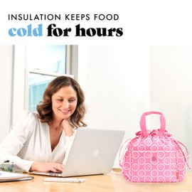 Fit & Fresh Cromwell Drawstring Lunch Bag for Women, Complete Lunch Set with 2 Containers, Stain-Resistant, Leak-Resistant, Back to School Essential, Teacher Lunchbox, All Smiles Fuchsia