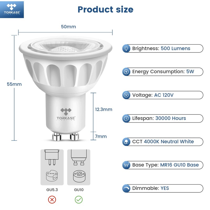 Torkase Dimmable MR16 LED Light Bulb,GU10 Base,120V,4000K Neutral White,5W(50W Halogen