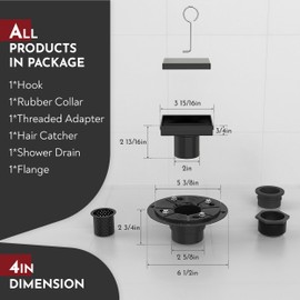4 Inch Square Shower Drain Black Floor Drain with Flange Reversible 2-in-1 Cover Tile Insert Grate Removable SUS304 Stainless Steel CUPC Certified Matte Black