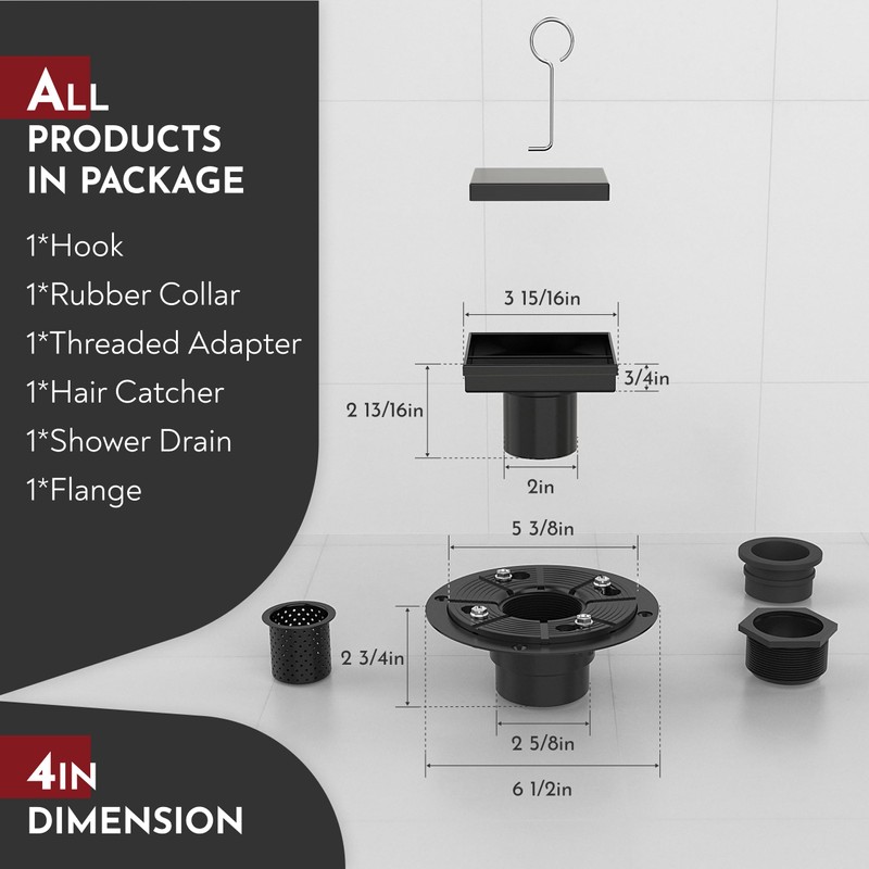 4 Inch Square Shower Drain Black Floor Drain with Flange
