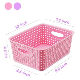 Mixed Color Small Plastic Open Storage Weave Baskets, 6-Pack Versatile Shelf Organizer Woven Baskets for Classrooms, Children's Rooms, and Pantries, Pink/Purple-10x7.5x4 inch