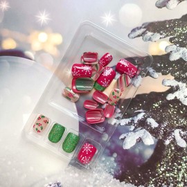 Short Press on Nails Colored Christmas Square Fake Nails Xmas Snowflakes Glitter Stripe Full Cover Acrylic Nails Red&Green Color with Christmas Berry Designs Glossy False Nails Glue on Nails for Women