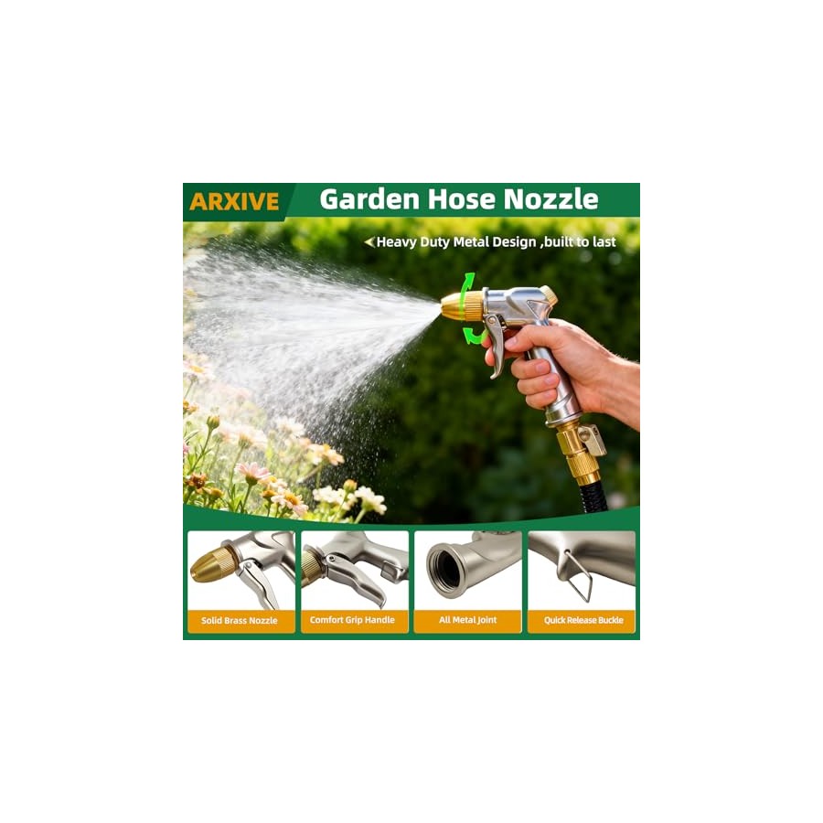 ARXIVE Heavy Duty Metal Hose Nozzle with 4 Adjustable Spray Patterns